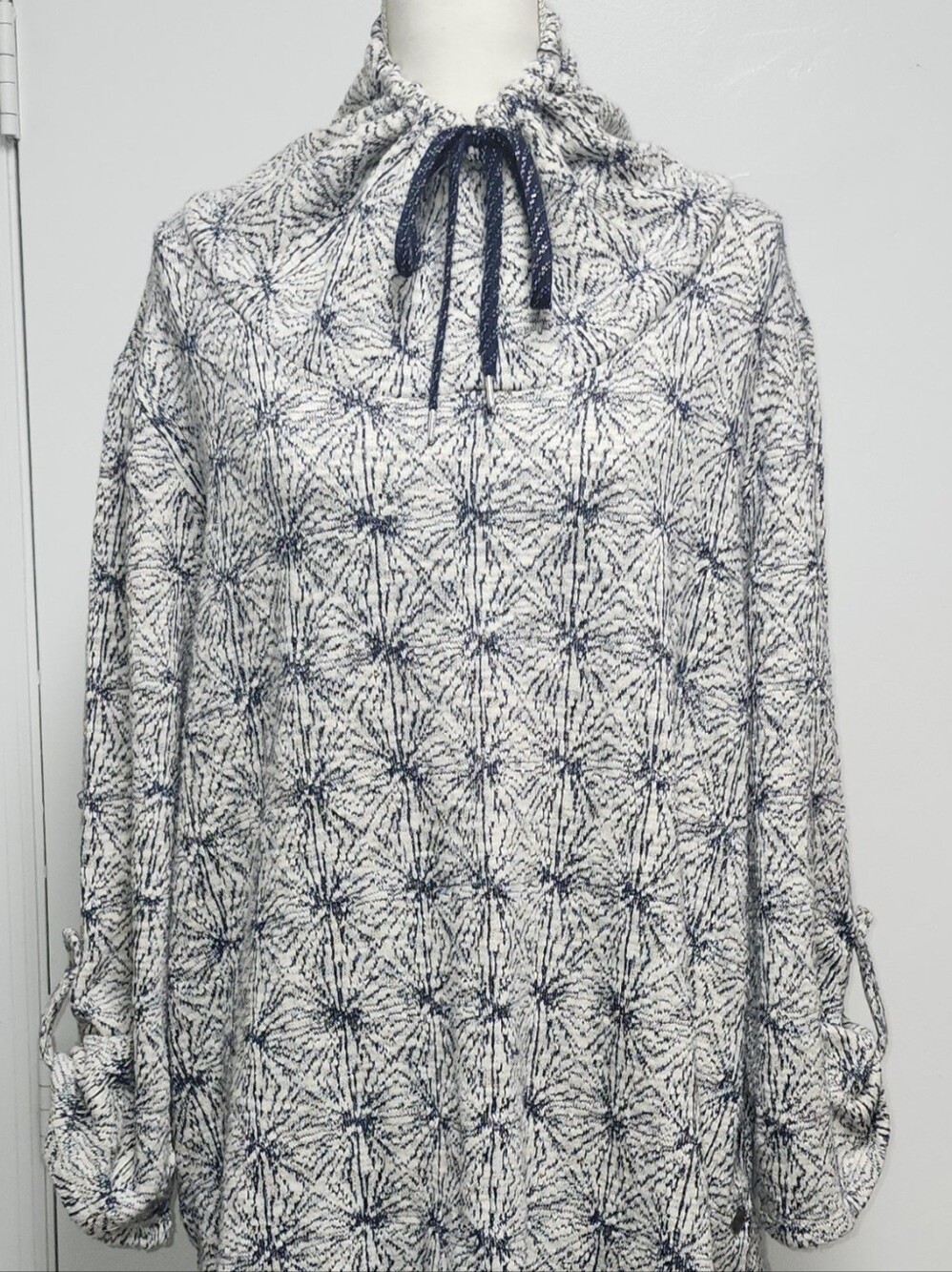 White and Navy Printed Tie-Neck Women's Pullover